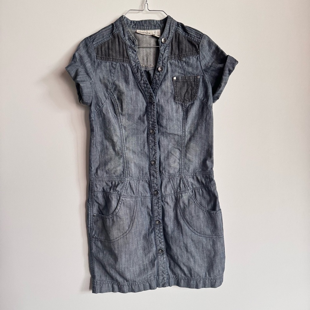 DKNY Gray Denim Shirt Dress with Mandarin Collar
